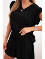 Dámský komplet z viskózy, blůza s volánky a krátké šortky černý