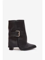 Zateplené boty na podpatku s ohrnutým svrškem a zlatou sponou černé Ylenara