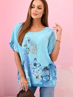 Dámská bavlněná košile s motýly a květinami tyrkys
