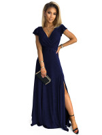 Dámské třpytivé dlouhé šaty s výstřihem CRYSTAL - tmavě modré