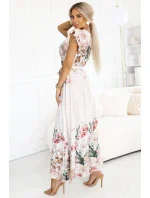 609-1 Saténové maxi šaty s výstřihem a květinovým ombre - elegance v boho stylu