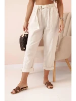 Dámské lněné kalhoty s bavlnou a páskem béžové