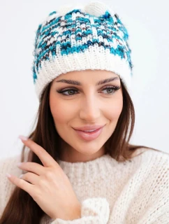 Dámská zimní vlněná čepice s norským vzorem K354 bílý+tyrkysový