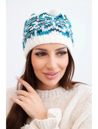 Dámská zimní vlněná čepice s norským vzorem K354 bílý+tyrkysový