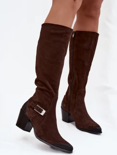 Kožené semišové kozačky na podpatku s přezkou Vyhřívané Zazoo 70156 Čokoládové