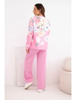 Dámský komplet z máslové viskózy s květinovým vzorem a širokými nohavicemi světle růžový