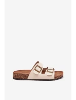 Dámské pantofle na korkové platformě s přezkami – béžové