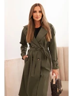 Dámský kabát s vázáním v pase a límcem khaki