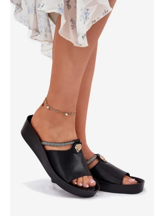 Kožené Dámské Pantofle S Ozdobným Páskem KV51-034 Černé