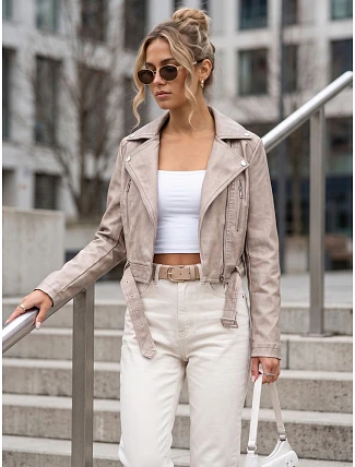 Dámská bunda ve stylu Ramones s koženým páskem, béžová, FashionStreet TY5719 Dámská bunda ve stylu Ramones s koženým páskem, béžová, FashionStreet TY5719