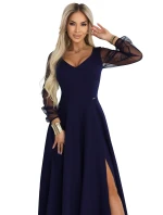 640-3 LORETTA jedinečné dlouhé šaty s tylovými rukávy a výstřihem - tmavě modré 640-3 LORETTA jedinečné dlouhé šaty s tylovými rukávy a výstřihem - tmavě modré