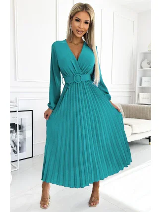 504-6 VIVIANA Plisované midi šaty se srdíčkovým výstřihem, dlouhými rukávy a širokým páskem - barva MARINE