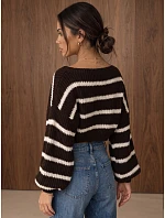 Dámský oversize svetr s pruhy a nastavitelným pasem, hnědý, FashionStreet MY2613 Dámský oversize svetr s pruhy a nastavitelným pasem, hnědý, FashionStreet MY2613