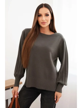Dámský viskózový svetr s dlouhým rukávem a rozparkem po stranách khaki