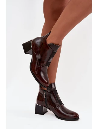 Kožené lakované kotníčkové boty na klínu s ozdobným detailem zateplené Zazoo 60560 tmavě hnědé