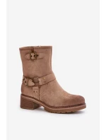 Dámské Botky Na Nízkém Podpatku S Přezkami Tmavě Béžové Zudra