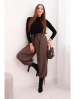 Dámské kalhoty s širokým nohavicím a zavazováním dole mocca