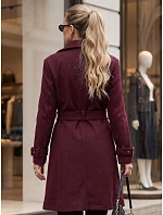 Elegantní dámský kabát s výstřihem a páskem v barvě bordó, FashionStreet NY0786 Elegantní dámský kabát s výstřihem a páskem v barvě bordó, FashionStreet NY0786