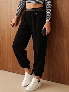 Dámské bavlněné kordurové kalhoty s páskem, černé, FashionStreet UY3170