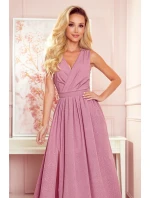 JUSTINE - Dlouhé dámské šaty v pudrově růžové barvě s brokátem, s výstřihem a zavazováním 362-1