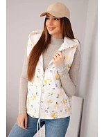 Dámská prošívaná vesta s kapucí s květinovým vzorem žlutá