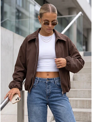 Krátká dámská přechodová bunda typu bomber bez kapuce, hnědá, FashionStreet TY5957 Krátká dámská přechodová bunda typu bomber bez kapuce, hnědá, FashionStreet TY5957