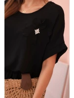 Dámský komplet z viskózy s ozdobným květem a širokými kalhotami - fuchsie černý