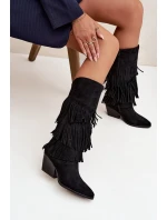 Vyhřívané Kůže Boty Kovbojky Dámské S Fringing Černé Brivina