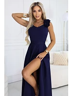 643-4 Elegantní večerní maxi šaty s rozparkem a růžemi - tmavě modré