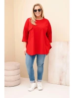 Dámská blůza Plus Size s bavlnou, kapsou a ohrnutým rukávem červená Dámská blůza Plus Size s bavlnou, kapsou a ohrnutým rukávem červená