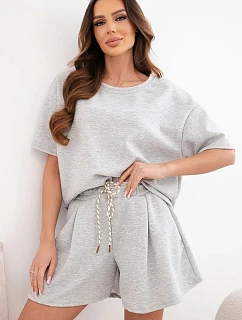 Dámský viskózový máslový komplet s krátkým rukávem a šortky s vysokým pasem šedý melanž