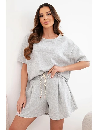 Dámský viskózový máslový komplet s krátkým rukávem a šortky s vysokým pasem šedý melanž Dámský viskózový máslový komplet s krátkým rukávem a šortky s vysokým pasem šedý melanž