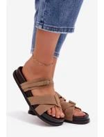 Dámské pantofle s pásky a zlatým přezkou tmavě béžové Selorina