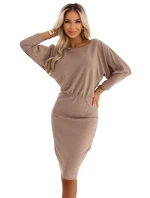 399-4 LARA Pruhované šaty s žebrovanými manžetami - moka pěna 399-4 LARA Pruhované šaty s žebrovanými manžetami - moka pěna