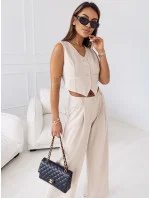 Elegantní béžový dámský komplet - krátká vesta a široké kalhoty (VE90) Elegantní béžový dámský komplet - krátká vesta a široké kalhoty (VE90)