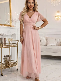 635-7 MELANIA dlouhé třpytivé svatební šaty s výstřihem a krátkými rukávy - broskvová barva