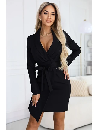 670-1 Elegantní tmavě modré šaty s páskem a asymetrickým spodním dílem - černé