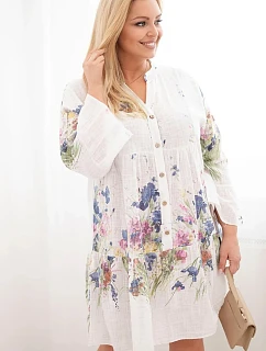 Dámské bavlněné šaty Plus Size s výstřihem do V a s knoflíky v květinovém vzoru bílá
