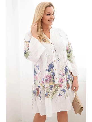 Dámské bavlněné šaty Plus Size s výstřihem do V a s knoflíky v květinovém vzoru bílá