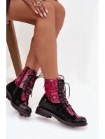 [Kožené dámské kotníkové boty z přírodní kůže na ploché podrážce Maciejka 07004-23 Černo-růžové]