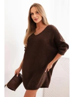 Dámské šaty Plus Size vlněné s výstřihem do V hnědá