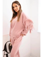 Komplet dámský máslový s třásněmi na rukávech tmavě pudrově růžový