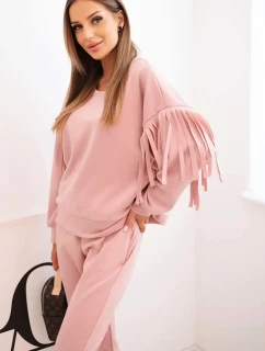 Komplet dámský máslový s třásněmi na rukávech tmavě pudrově růžový