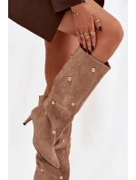 Dámské nazouvací kozačky na jehlovém podpatku Thaliane se zlatými ozdobami – béžové