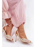 Dámské sandály na podpatku s krajkou a ozdobami Béžové Melivelle