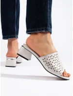 Luxusní dámské  nazouváky stříbrné na širokém podpatku