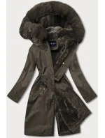 Dámská zimní bunda v khaki barvě s podšívkou z mechovité kožešiny (b537-11)