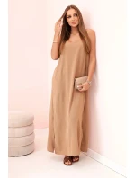 Dlouhé šaty bez ramínek světlý velbloud
