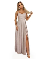 589-4 Dlouhé šaty s jemným třpytem a korzetovým zavazováním na zádech - béžovo-růžové s třpytkami