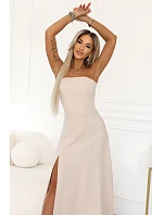 663-1 ELARA korzetové maxi šaty s rozparkem a zavazováním na zádech - béžové